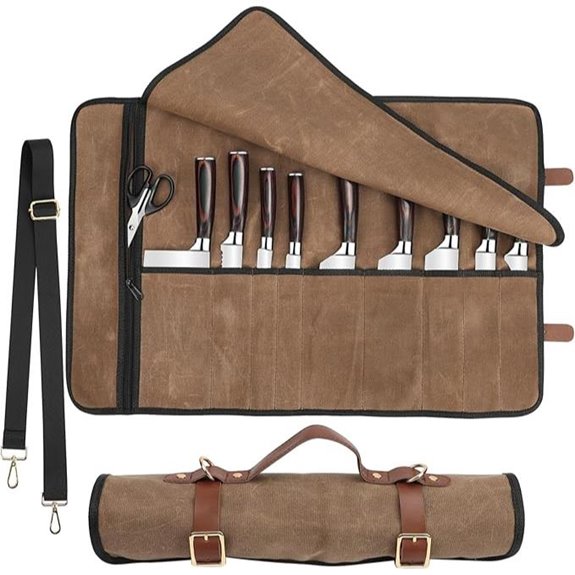 Waxed Canvas Chef Knife Roll with Leather Straps